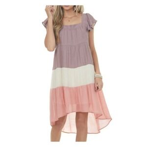 Umgee Colorblock Tiered High-Low Dress in Mauve, White & Blush